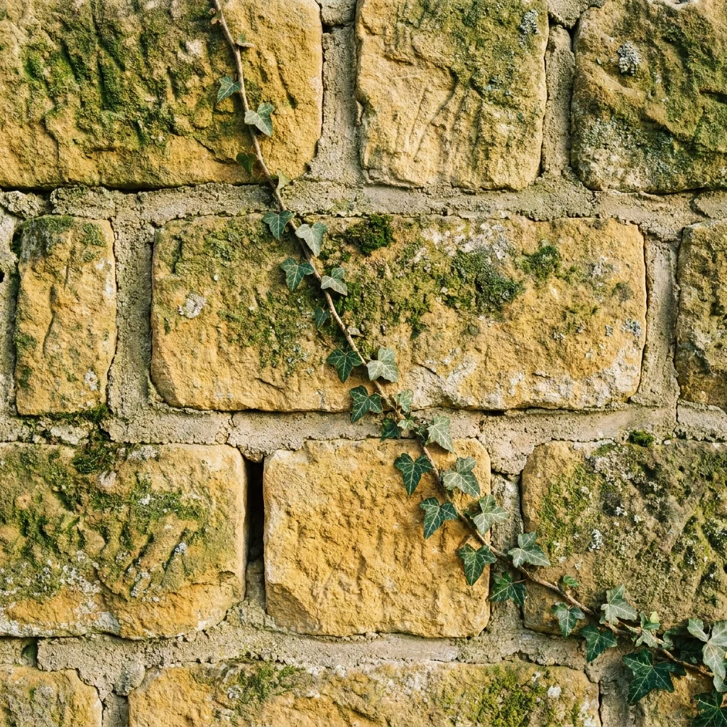Mur de pierre jaune typique de la Gaume avec lierre